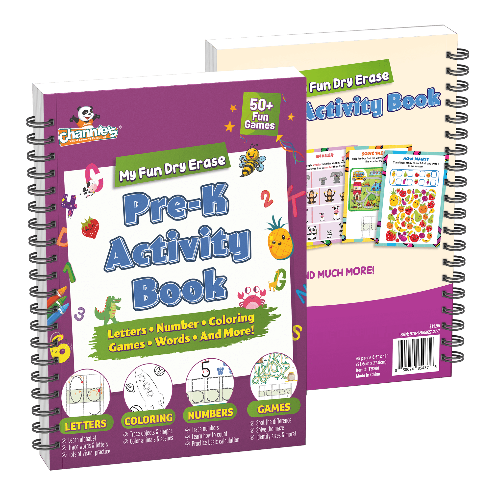 Channie's PreK Dry Erase Activity Book, Preschool Workbook with Fun Educational Learning