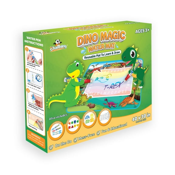 Channie's Reusable Dino Magic Water Mat for Toddlers 3+ Years - Aqua Drawing Mat with Water Pens, Stamps, Number Stencil, and Drawing Booklet - Mess Free Water Mat for Kids