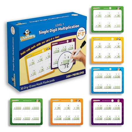 Channie's Single Digit Multiplication Flash Cards, 30 Two-Sided Educational Math Cards for Elementary School