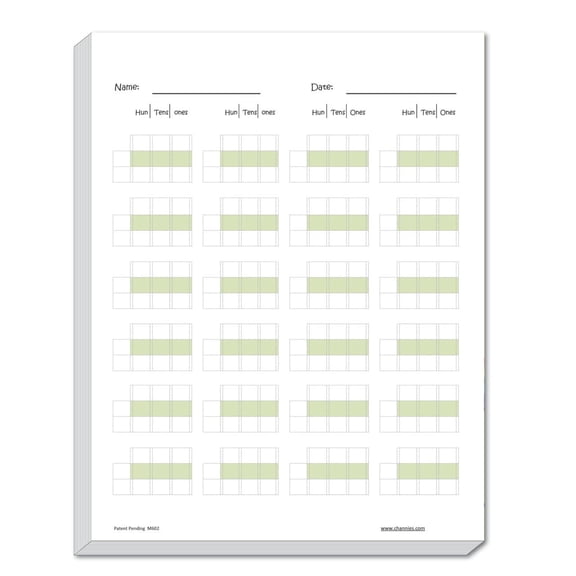 Channies Triple Digit Math Line-Up Pad for 3 digit addition subtraction 250 Pages counted Front & Back, 125 Sheets, Grades 2nd & 3rd, Size 8.5 x 11