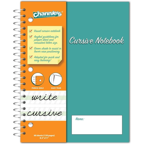 Channies Visual Cursive Notebook. Easy to Write & Practice Cursive in Blank Slanted Block Format Size 8.5 x 11, 120 pages 3rd, 4th, 5th Grades