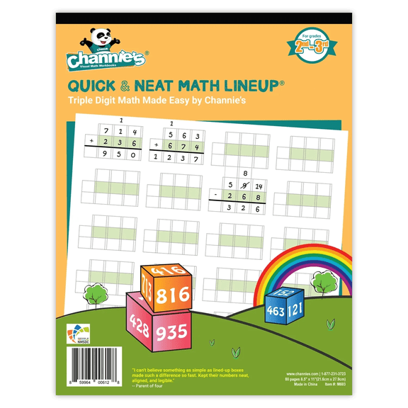 Channie's Visual Math LineUp, Quick & Neat Triple Digit Math Line Up, blank paper sheets for addition, subtraction, and single digit multiplication. Grades 1, 2, 3, 4th