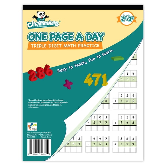 Channie's One Page A Day, Grades 2-3 Triple Digit Math Workbooks, Addition and Subtraction, 50 Pages