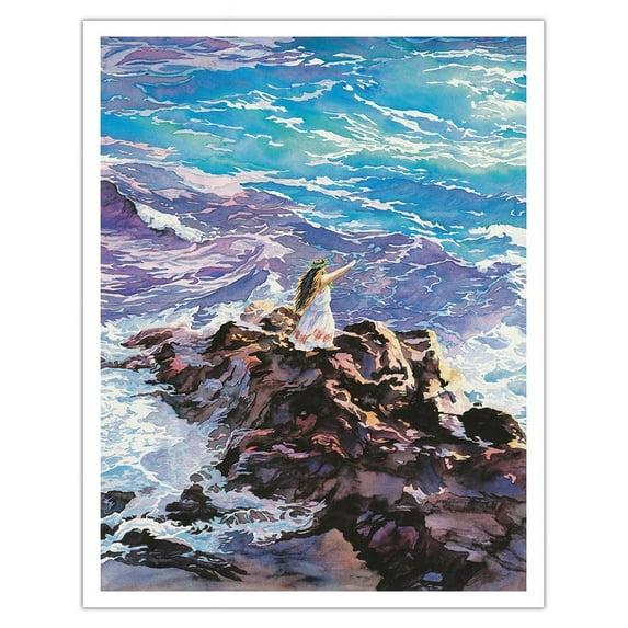 Chant to the Sea Goddess (Oli Iā Nāmakaokahaʻi) - Hawaiian Chanter - From an Original Watercolor Painting by Janet Stewart - Fine Art Matte Paper Print (Unframed) 11x14in