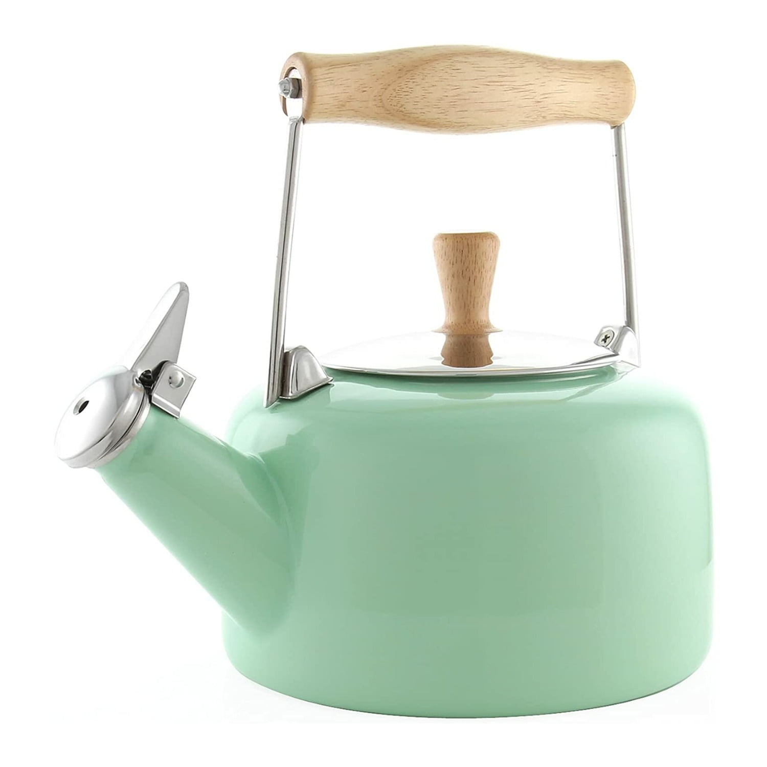 Mint Green Enamel and Wood Whistling Teakettle, 1.4-Quart