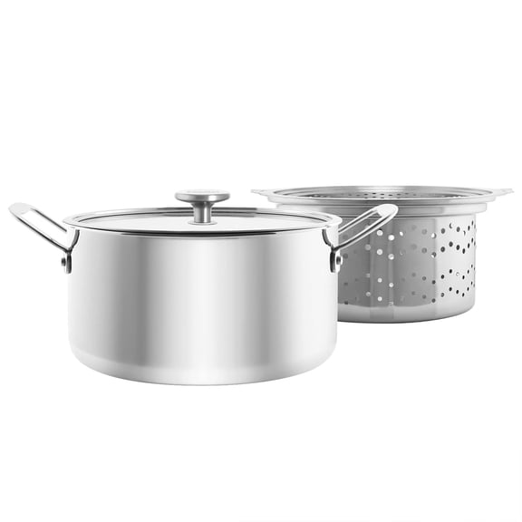 Chantal 3.Clad Tri-Ply 7 quart Stockpot with Pasta-Steamer Insert, Polished Stainless Steel, Tempered Glass Lid
