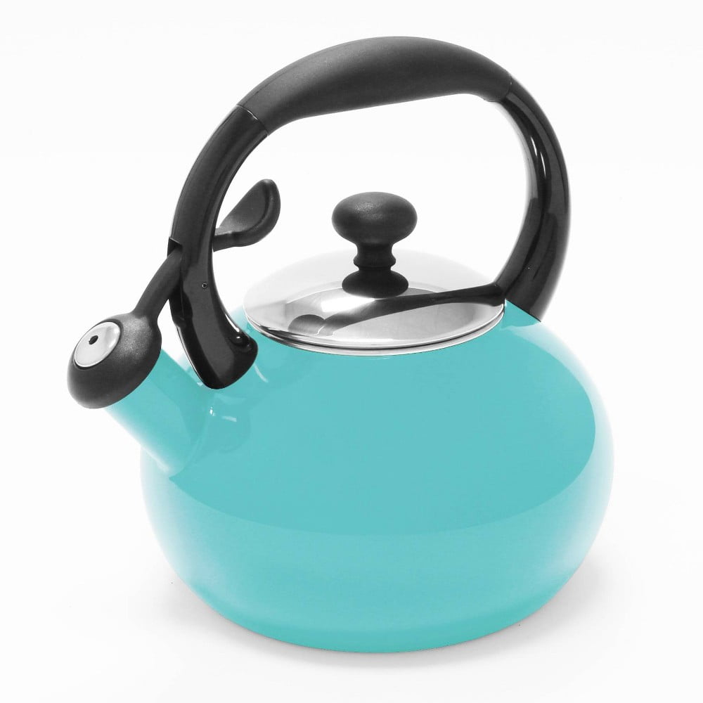 Aqua Enamel Whistling Teakettle with Stay-Cool Handle