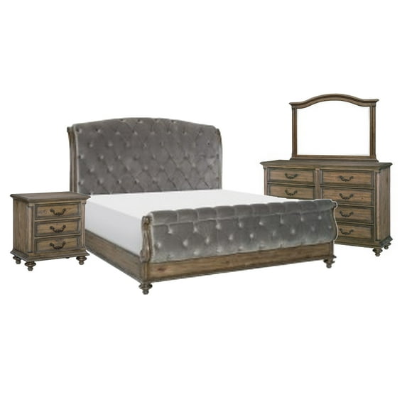 Chantel 4 Pc Queen Bedroom Set, Velvet Sleigh Design, Weathered Wood
