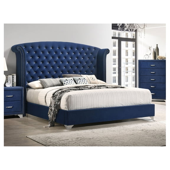 Chantel Pacific Blue Upholstered Queen Wingback Bed Box Spring Not Required + Queen + Blue + Bedroom + Velvet + Fabric,Solid Wood+MDF