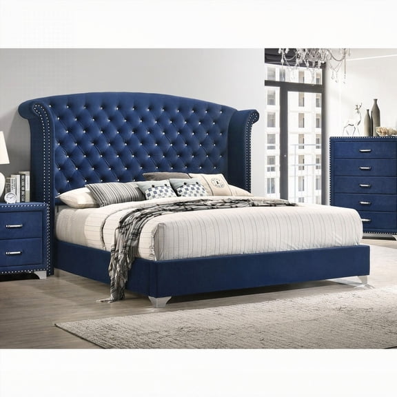 Chantel Pacific Blue Upholstered Queen Wingback Bed Featuring Sleek and Durable Polished Chrome Legs for a Contemporary Touch