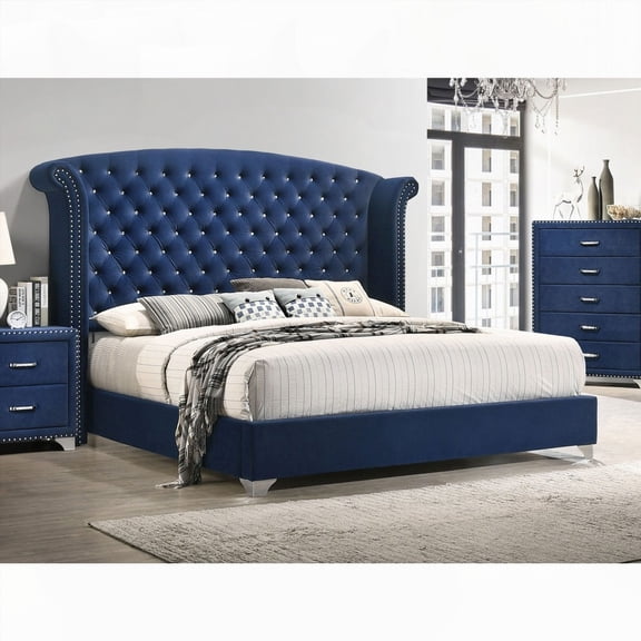 Chantel Pacific Blue Upholstered Queen Wingback Bed Featuring Tufted Fabric and Plush Comfort