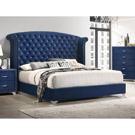 Chantel Pacific Blue Upholstered Queen Wingback Bed