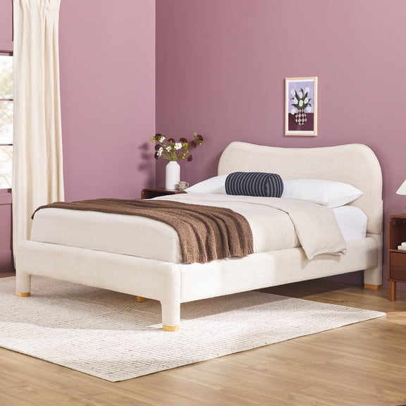 Chantelle Modern Curved Upholstered Bed, Ivory Boucle