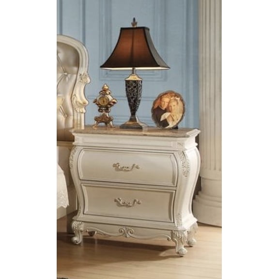 Chantelle Pearl White Nightstand with Granite Top & 2 Drawers