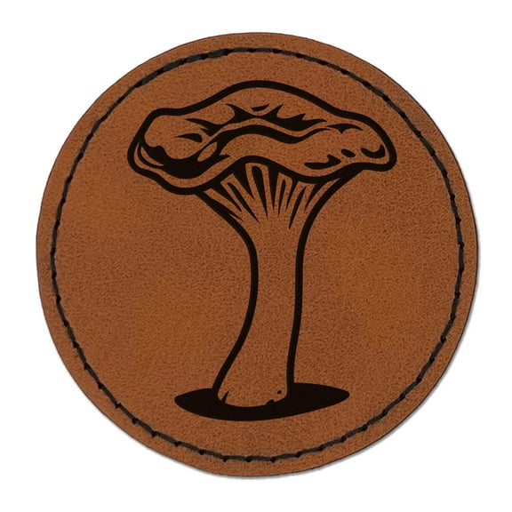 Chanterelle Mushroom Fungus Fungi 2.5" Faux Leather Round Engraved Iron-On Patch - Brown