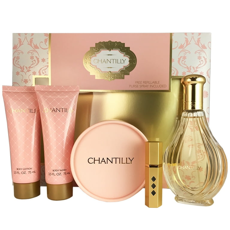Chantilly 5 Pc Set For Women 3 Oz Edt Sp 2.5 Body Lotion 2.5 Body Wash 1.75 Oz Dusting Powder Refillable Purse Sp