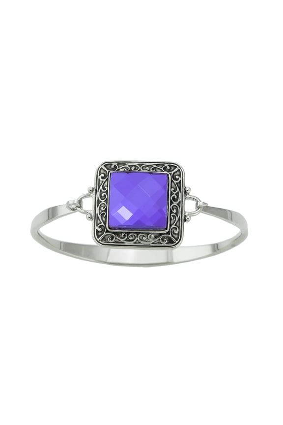 Vintage Style Purple Glass Bangle Bracelet with Side Hook Closure - February Birthstone Jewelry Bracelet Silver
