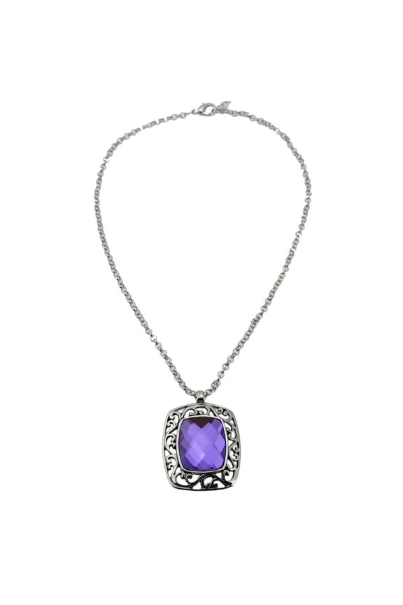 Elegant Purple Glass Crystal Pendant Necklace with Vintage Scroll Design, 18" + 3" Extender Jewelry Necklace Silver