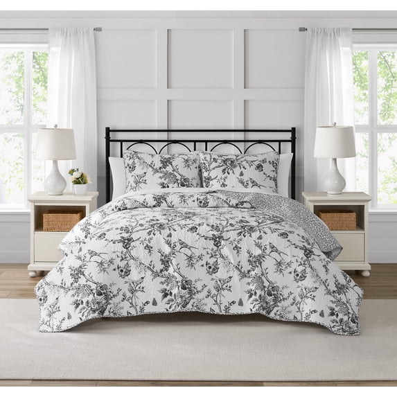 Chantilly Toile Floral Black 3-Piece All-Season Reversible Cotton Quilt Set - Full/Queen