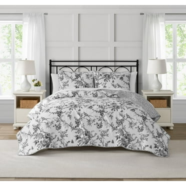 Chantilly Toile Floral Black 3-Piece All-Season Reversible Cotton Quilt Set -King
