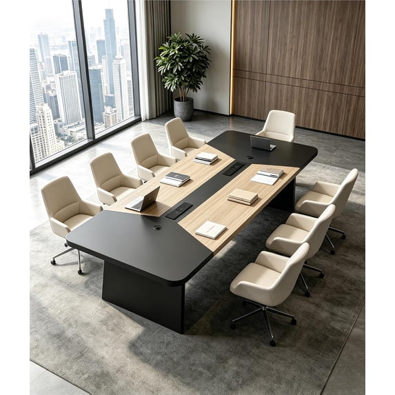 Chantmo 8 ft Heavy Duty Conference Table USB C Power Station PUR Edge Banding Arc Corners for Boardroom Meeting Office Natural Wood