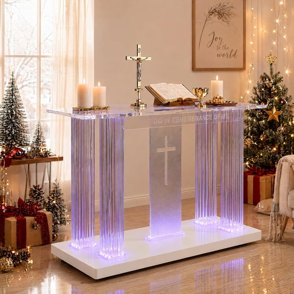 Chantmo Acrylic Holy Communion Table 32 inch 2 in 1 Clear Plexiglass Church Pulpit with 7 Lights 4 Wheels for Offertory Wedding Lord Supper Eucharist