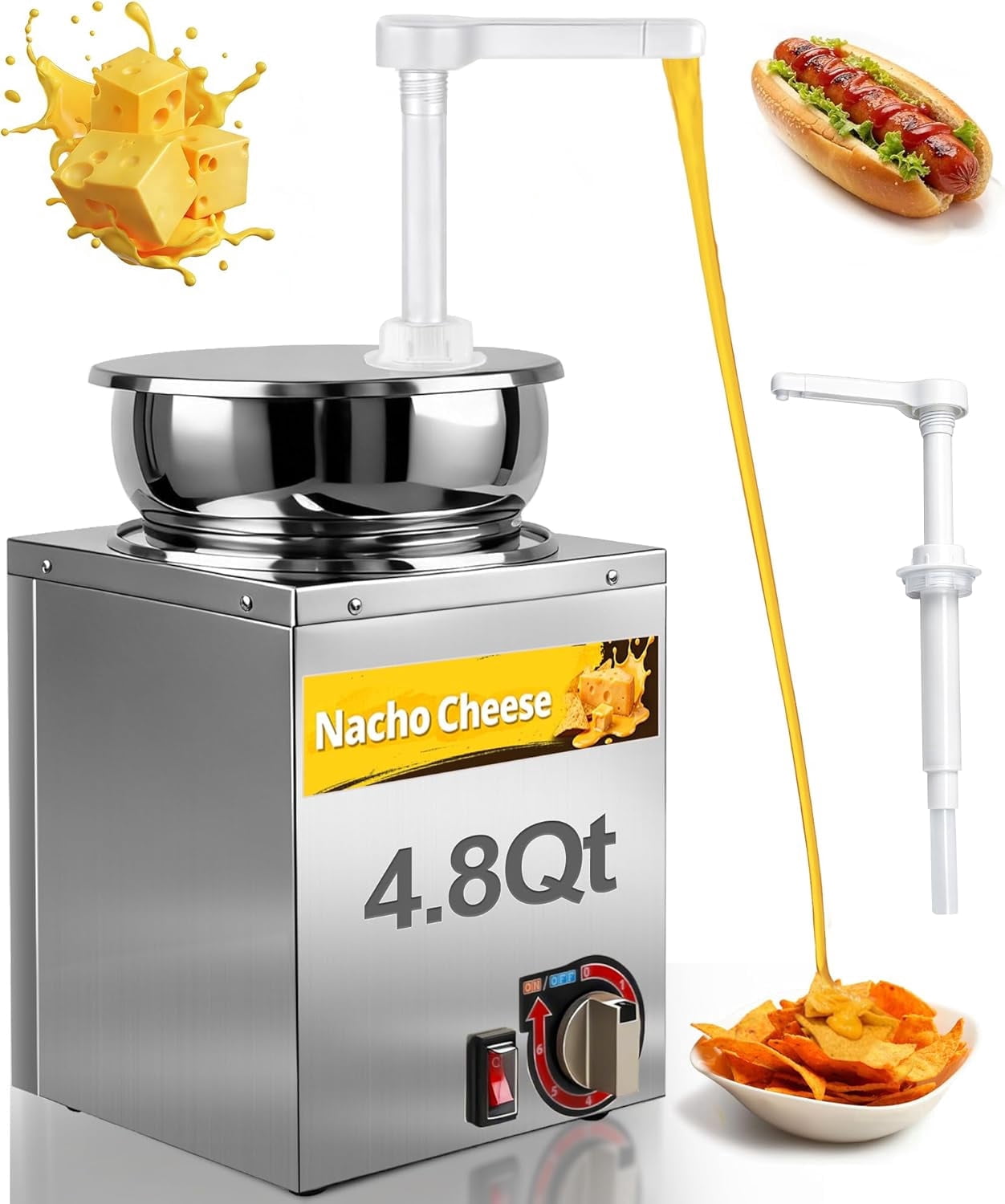 Chantmo Cheese Dispenser 4.8 Qt Stainless Steel Warmer 360 Rotating 2 Pumps 6 Level Temperature for Ketchup Butter Caramel