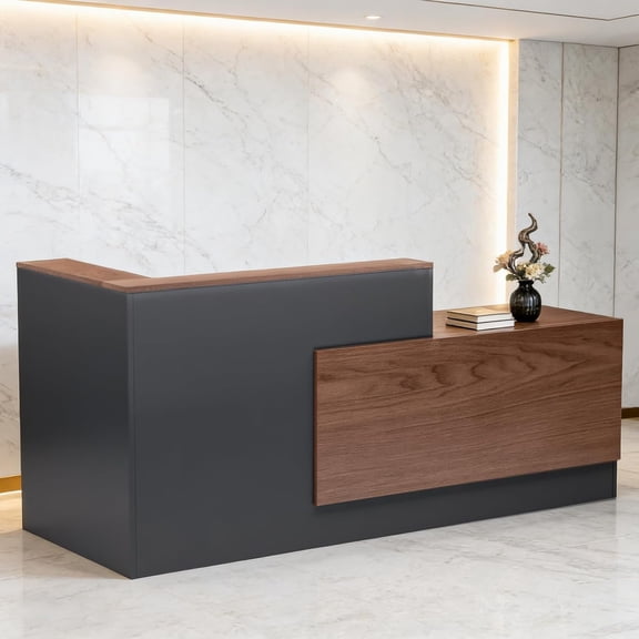 Chantmo Commercial Reception Desk L Shaped 71 inch Wooden with Counter Shelves Storage Drawers for Home Office Right Cabinet