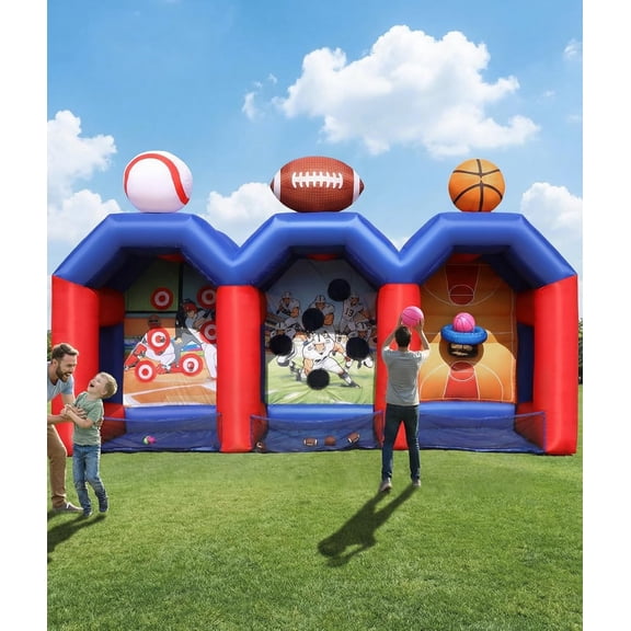 Chantmo Family Carnival Game Inflatable 3 in 1 Basketball Football Baseball Toss with 750W Air Blower for Backyard Lawn Daily Fun