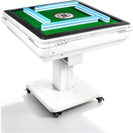 Chantmo Foldable Automatic Mahjong Table with Wheels 2 Sets 144 Tiles Blue Green Cup Holders Dust Cover for 4 Player Chinese Card Game