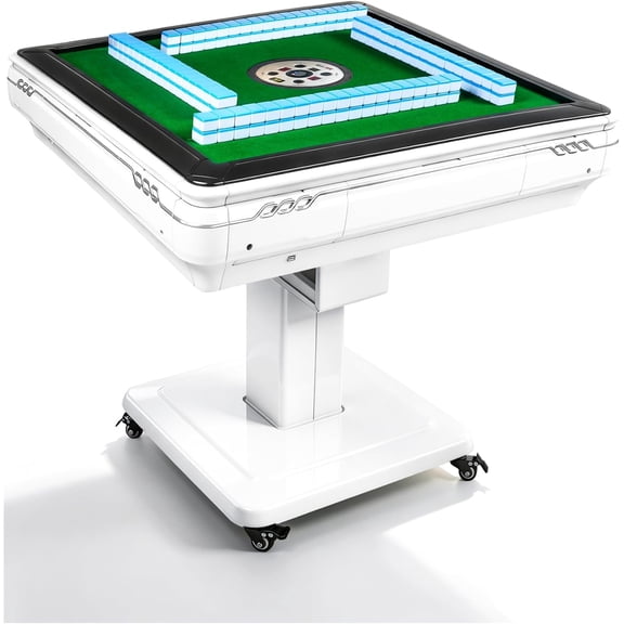 Chantmo Foldable Automatic Mahjong Table with Wheels 2 Sets 144 Tiles Blue Green Cup Holders Dust Cover for 4 Player Chinese Card Game