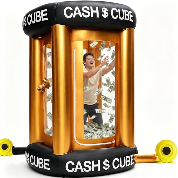 Chantmo Inflatable Cash Cube 8x6x6 ft Money Grab Machine Dual Blower 1100W 550W for Party Events Business Activity Gold