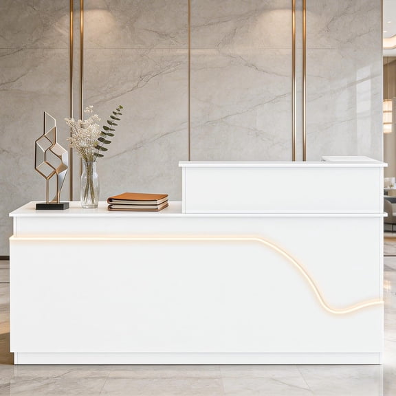 Chantmo L Shaped Reception Desk with LED Light Lockable Drawers Keyboard Tray Modern Front Counter 63 inch for Office Salon Lobby White