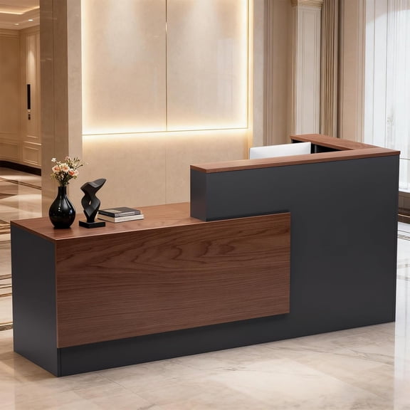 Chantmo L Shaped Wooden Reception Desk 71 inch Modern Front Counter Lockable Drawers Storage Keyboard Tray for Checkout Lobby Left Cabinet