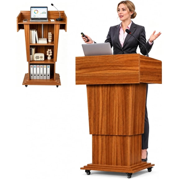 Chantmo Mobile Wood Podium 43 inch Adjustable Height 4 Casters Blockboard Lectern Storage for Classroom Church Auditorium Seminar Event