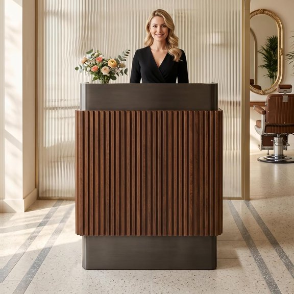 Chantmo Reception Counter with 2 Tier Storage Cabinet Pre Assembled Front Desk Wrap Around Side Panels Privacy Scratch Resistant Bronze Stainless Steel for Office Salon Retail Store