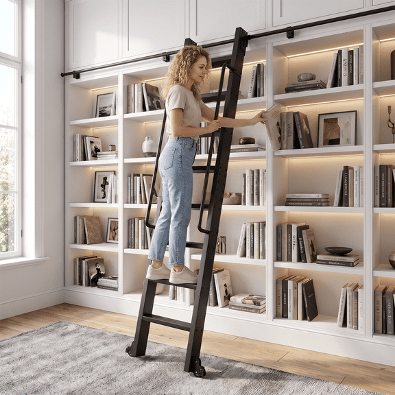 Chantmo Rolling Library Ladder 450 lbs Capacity 8 Steps Sliding Ladder Lockable Casters Safety Clip Aluminum Alloy for Closet Loft Archive Library Showroom