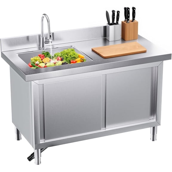 Chantmo Stainless Steel Utility Sink Cabinet Workbench Pull Down Faucet All in One Freestanding for Kitchen Laundry Garage Outdoor