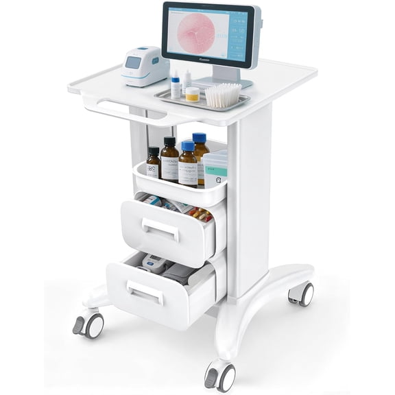 Chantmo Trolley Cart with Drawers White 220 lbs Load 4 Silent Wheels Trays Ultrasound Cart for Hospital Dental Clinic Beauty Salon Double Drawer