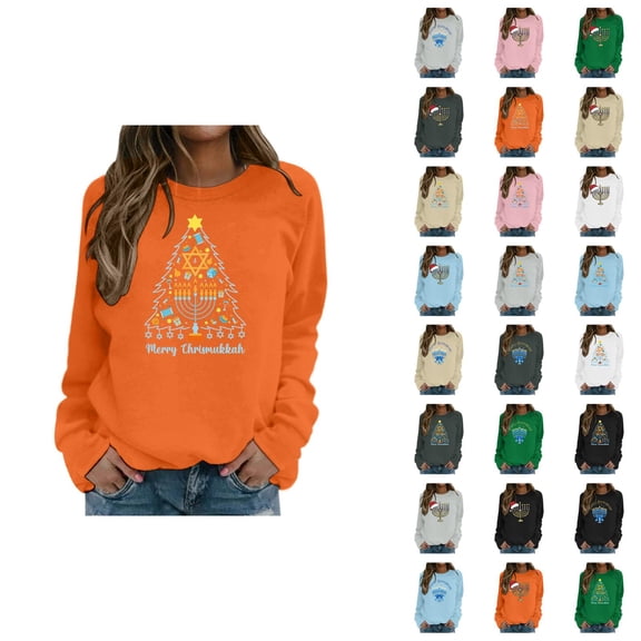 Chanukah Sweatshirt for Women 2025 Long Sleeve Crewneck Christmas Graphic Pullover Top