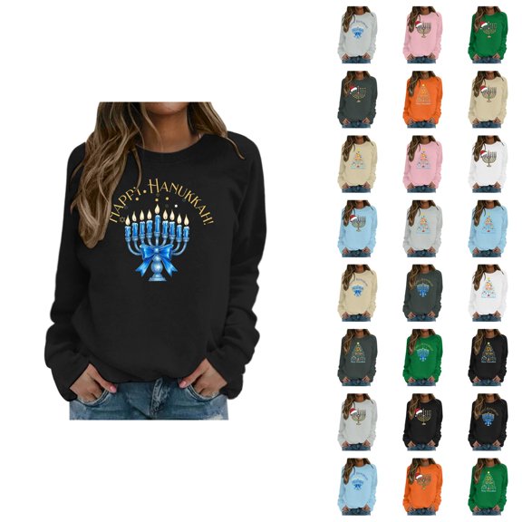Chanukah Sweatshirt for Women 2025 Long Sleeve Crewneck Christmas Graphic Pullover Top