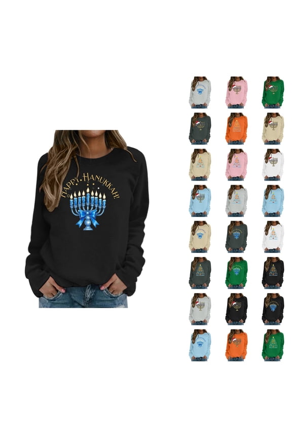 Chanukah Sweatshirt for Women 2025 Long Sleeve Crewneck Christmas Graphic Pullover Top