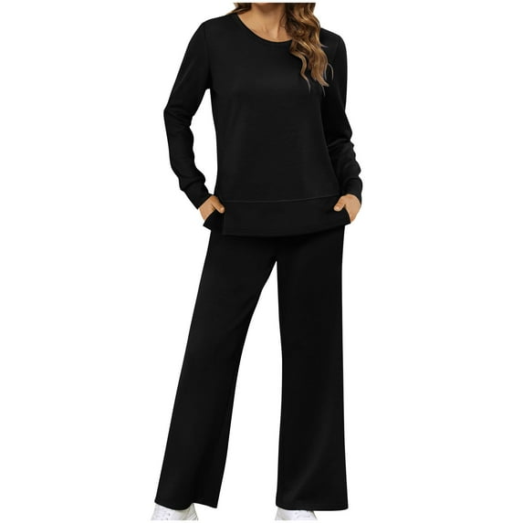 ChaoHeng 2025 Cotton Linen Solid Color Outfits for Women 2 Piece Lounge Sets,Women Fashion Solid Color Round Neck Long Sleeve Side Split Pants Set,Black,L