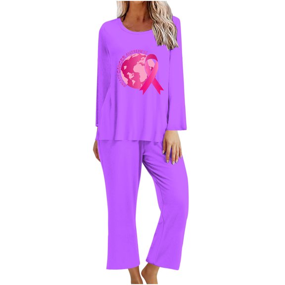 ChaoHeng 2024 Leisure Sets for Women Fall 2 Piece Outfits,Women Fashion Non Positioning Printed Round Neck Long Sleeved Long Pants Set,Purple,M