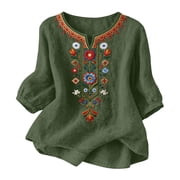 ChaoHeng 3/4 Length Sleeve Womens Tops Summer Plus Size Cotton V Neck Embroidered Boho Army Green XXL