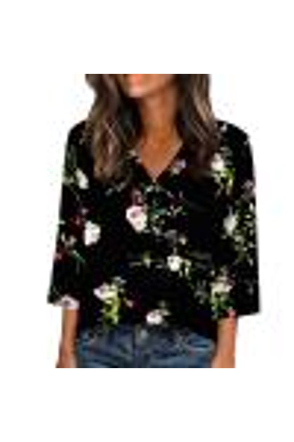 3/4 Length Sleeve Womens Tops V Neck 3/4 Length Sleeve Womens Tops V Neck Satin Loose Fit Solid Pullover Plus Size Trendy 2026 Tee Black XXXXXL