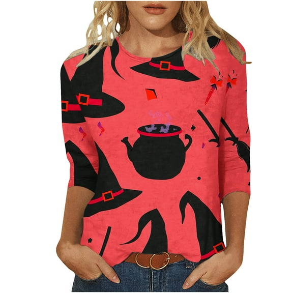 ChaoHeng 3/4 Sleeves T-Shirt Tops for Plus Size Women Halloween Print Round Neck Discounts 2025 (Orange,S)