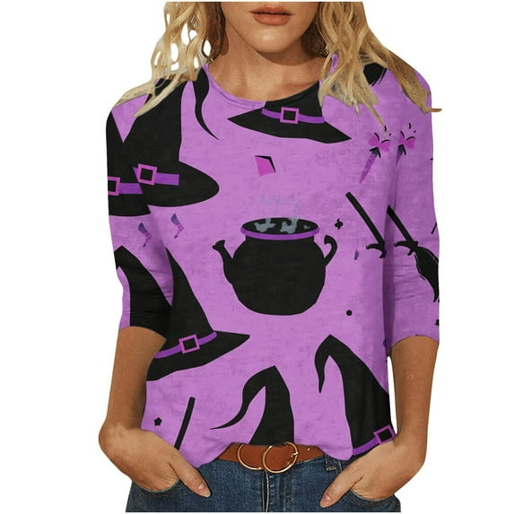 ChaoHeng 3/4 Sleeves T-Shirt Tops for Plus Size Women Halloween Print Round Neck Discounts 2025 (Purple,XXXL)