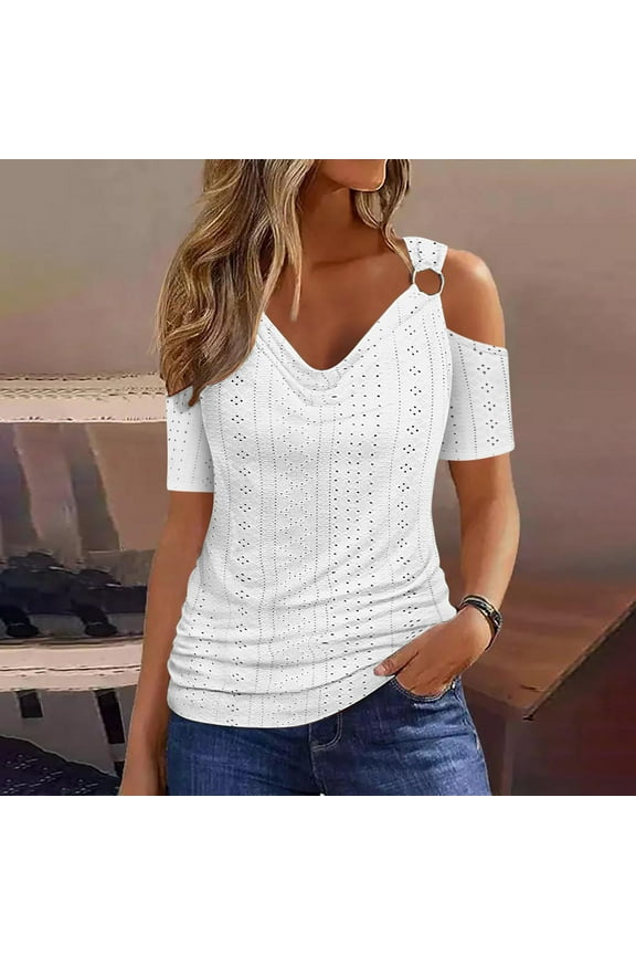 Blouse Women New & Trending for Spring Women's Casual Summer Solid Cold Shoulder Pile Collar V-Neck Short Sleeve Blouse