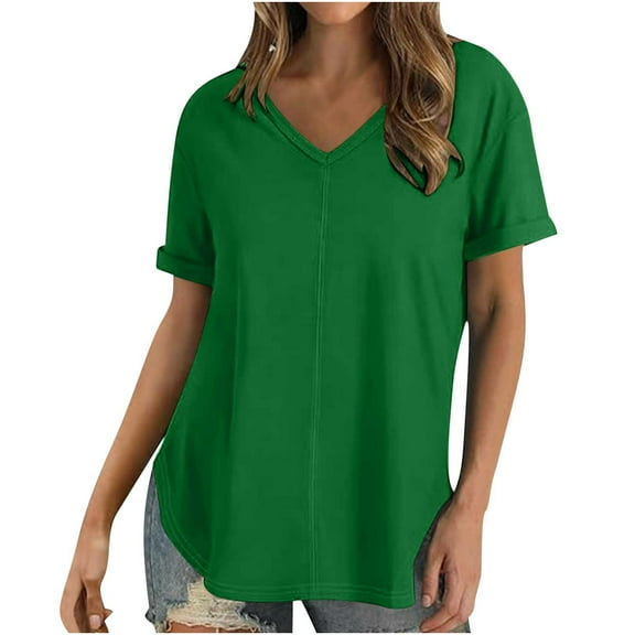 ChaoHeng Blouses for Women $5 Plus Size V Neck Tops for Women Solid Short Sleeve Tops for Women V Neck Summer Tshirts Seamed Rolled Sleeve Shirts Casual Tops
